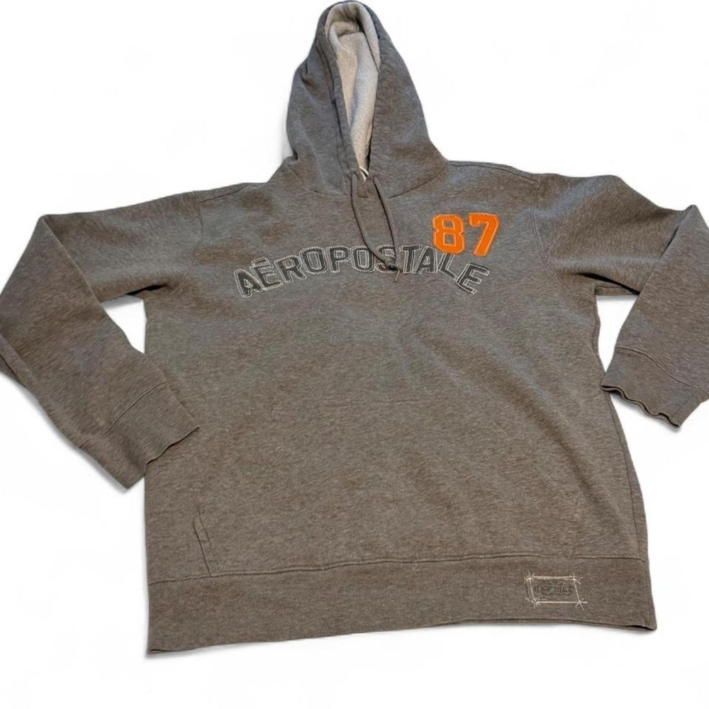 Y2K Aeropostale 87 Gray Fleece Hoodie Mens Small Pullover Sweatshirt Vintage
